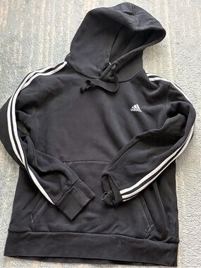 Adidas Black Pullover Hoodie with white sleeve stripes